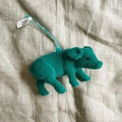 One Hundred Eighty Degress Flocked Pig Ornament - Teal