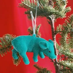 One Hundred Eighty Degress Flocked Pig Ornament - Teal