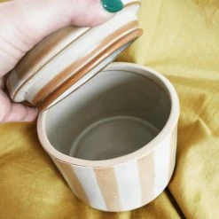 Creative Co-op Yellow Striped Stoneware Canister Kitchenware