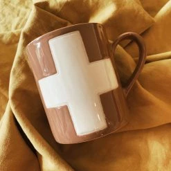 CREATIVE COOP Swiss Cross Mug - Brown + Cream Mugs