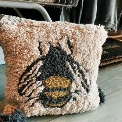 Creative Co-op Punch Hook Bee Square Pillow Honey