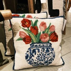 Peking Handicraft Chinoiserie Vase Tulips Hook Pillow